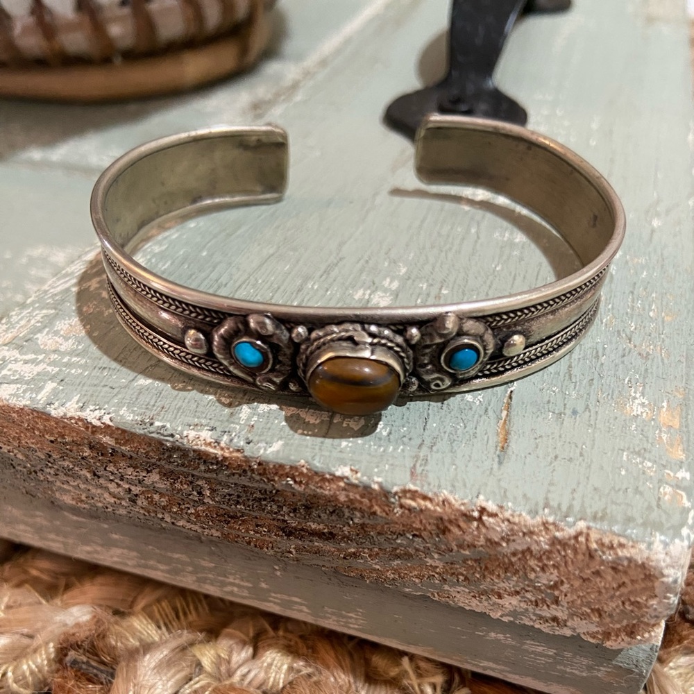 Alpaca Silver Cuff Bracelet with Turquoise and Tigers Eye Accents
